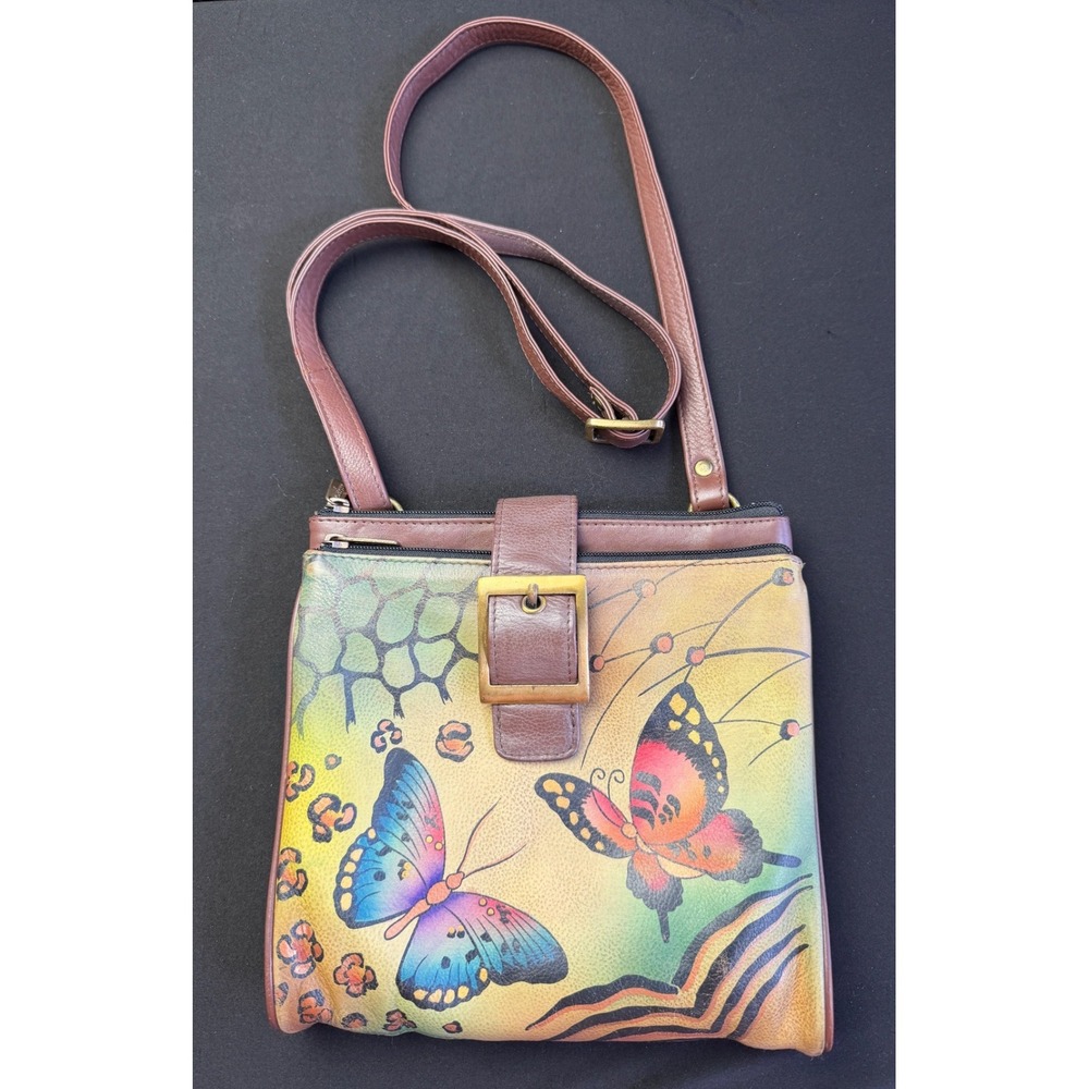 Anuschka Hand Painted Leather Butterfly Organizer Crossbody Bag Brown Art Purse